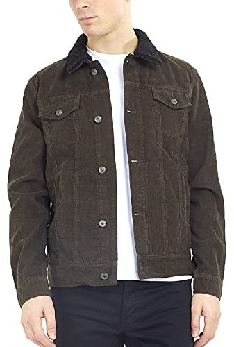 BRAVE SOUL Mens Corduroy Jacket Button-Up Casual Jacket with Soft Cotton Fabric Classic Collar Outerwear Jacket for Men, Khaki Colour, Size: M