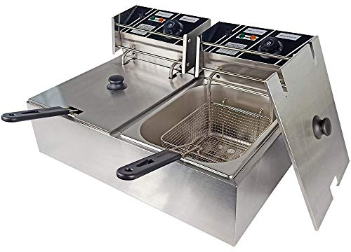 TAIMIKO Electric Deep Fryer Commercial Double Tank Deep Fat Fryer Stainless Steel Chip Fryer Countertop 6Lx2 5000W with Lids