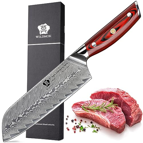 WILDMOK Coltello Santoku Damasco, 17.8cm Coltello Asiatico Multifunzione in Acciaio Super VG10 Giapponese con Manico Completo G10 Serie Song