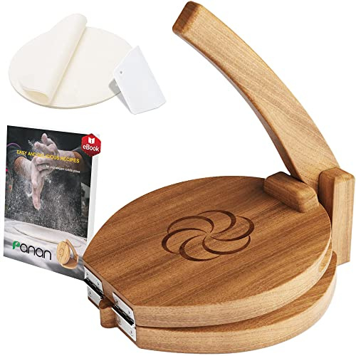 panan Wooden Tortilla Press Mexican Tortillera Presser Made from Natural Food-Grade - Large Wood Pataconera with 50 Pieces Parchment Paper, Dough Cutter and Recipes eBook (Acacia, Round 10 inch)