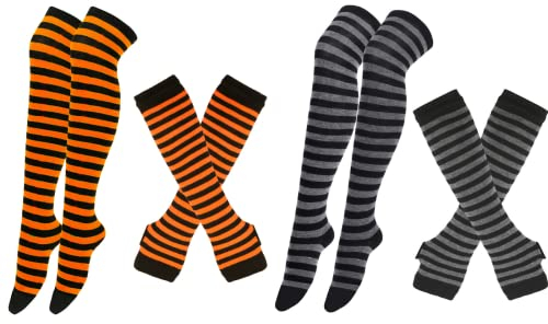 CHENGZI 2 Sets Handschuhe Socken Set Halloween Lustige Strümpfe Streifen Knie Oberschenkel Hohe Socken Armwärmer Fingerlose Handschuhe, Grau+Orange, Einheitsgröße