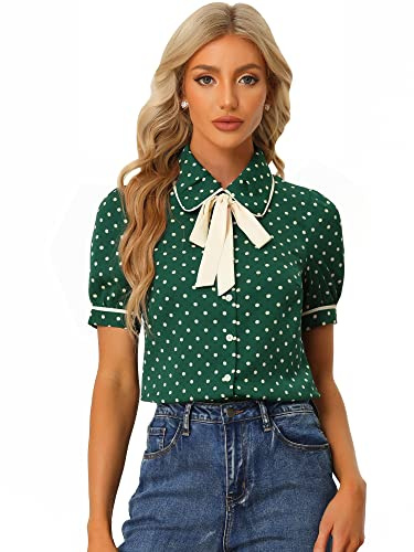 Allegra K Camicia da donna a pois con colletto alla Peter Pan e collo a cravatta a maniche corte, Verde scuro, L