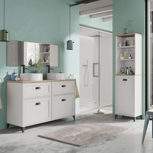 Miroytengo Mueble de Baño Doble Toscana 2 Cajones y 2 Puertas con Lavabos 120cm Blanco y Roble Cambrian