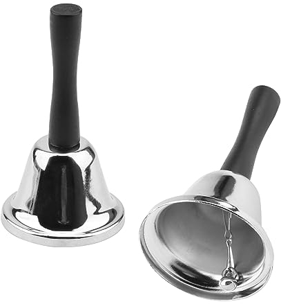 KEILEOHO 2 PCS Hand Held Bell, Small Metal Tea and Dinner Bell for Service, Reception, Silver, 12cmx6.5cm