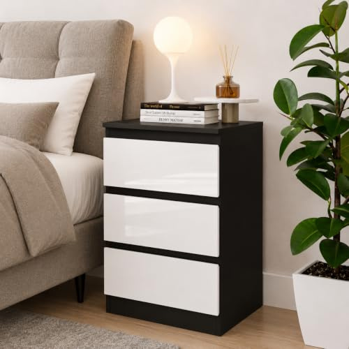 URBNLIVING Bedside Table with 3 Drawers, 62cm Height - Modern Chest of Drawers Dresser with Smooth Metal Runners for Bedroom, Living Room, Office & Hallway