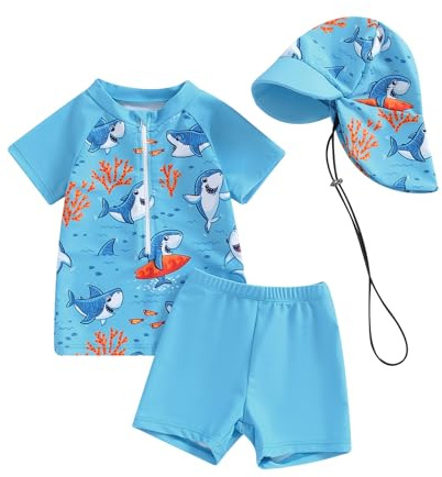 Nouveau-né Bébé Garçon Maillot de Bain Anti-UV Tee Shirt Manches Courtes et Short de Bain avec Chapeau Ensemble 3 Pièces Costume de Natation Piscine