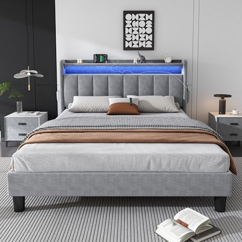 LTGB 4ft6 Double Upholstered Bed Frame 135x190cm, Platform Bed with 3 USB Port+1 Type C, LED Light Strip Durable and Sturdy, Youth bed, for adults & teenagers, Velvet, No Box Spring Needed, Grey
