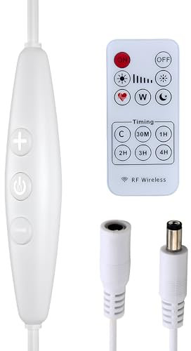 Clearhill DC Dimmer Switch with 5521 Male and Female Connector,Remote control,6-Speed Dimming,ON-OFF Function,Stepless Dimming,2A current,22AWG wire,60s delay off,for12V Single Color Led Lights(white)