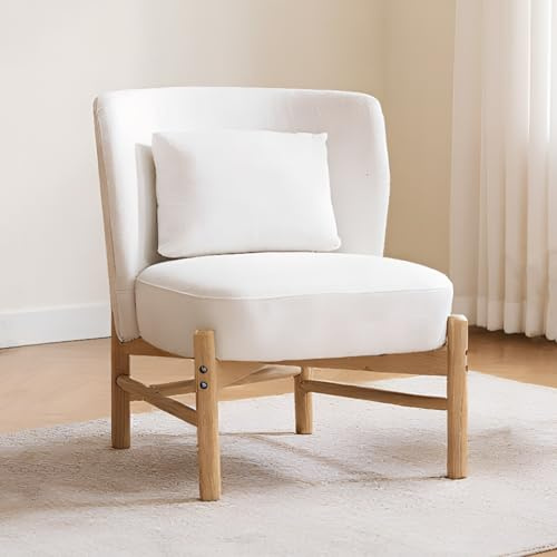 chairus Sedia da salotto con cuscino lombare, senza braccioli, in ciniglia, imbottita, con gambe in legno, colore: bianco