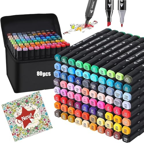 Riiriou 80-Color Double-Ended Alcohol Markers Perfect art Markers Water-Based Multi-Color Markers adult Drawing and Coloring Supplies a Wonderful Gift for adults and Students Lncludes a Sketchbook