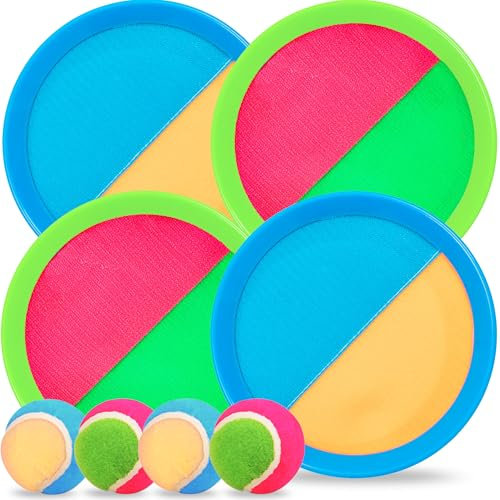 Chennyfun Jouet Catch Ball et Toss, Jeu de Plage Jardin Piscine Exterieur Interieur, Jeu de Balle à Attraper Plastique Nylon avec 4 Pagaies 4 Balles, Plein Air Balle Raquette Scratch Jeux pour 3+ Ans