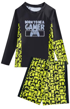JiAmy pojkar baddräkt 2-delat badset, gradient spel tonåring pojkar badkläder långärmad badskjortor och shorts baddräkt för 8-14 år, Gul-spel, 10-11 År