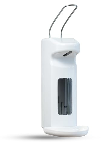 Hygiene365® Desinfektionsspender SD2015, Armhebelspender manuell für 500-1000ml – Eurospender, nachfüllbar (Weiß mit Alu)
