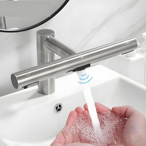 Smart Kran Med Inbyggd Torkare & 3000ml Handdesinfektionsmedel - Kontaktlöst Användning, Auto Varm/Kall Luft (Tröskel 25°C), Automatisk Kran & Torkare,Metallic
