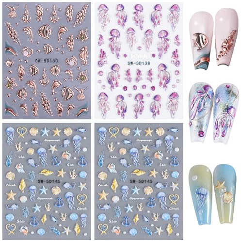 HTTDSLF 4 Hojas 5D Pegatinas Uñas, Oceánico Arte Decorar Autoadhesivas, Pegatinas para Uñas de Conchas y Estrellas de Mar, Nail Stickers 5D, Decoración Manualidades, DIY Para Arte de Mujeres Niñas