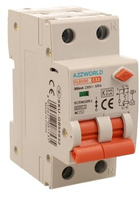 Interruttore Magnetotermico Differenziale 300mA 32A C32, RCBO Tipo AC Curva C, Salvavita 1P+N 6000A, Occupa 2 Moduli DIN