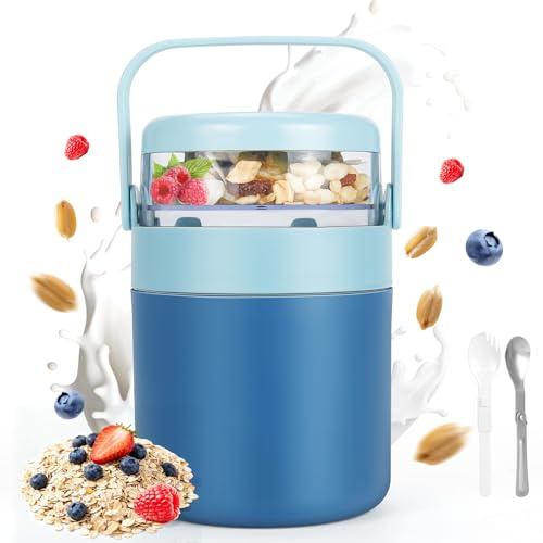 Taza de cereales para llevar, vaso de yogur para niños, con cuchara, 570 ml + 130 ml, taza de cereales para llevar, con caja de cereales, yogur, cereales para llevar, acero inoxidable, para yogur