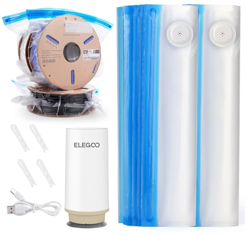 ELEGOO Kit Sottovuoto per Conservazione Filamenti 3D con Pompa Automatica Migliorata e Clip di Tenuta, 20 Sacchetti Rinforzati, Antipolvere e Antiumidità (35 x 32 cm)