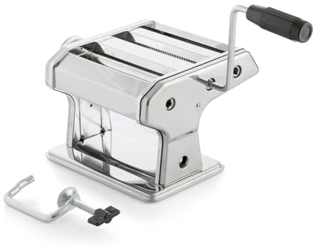 Machine à Pâtes Fraîches Manuelle Inox, Laminoir Maison 3 Rouleaux Spaghettis Tagliatelles Lasagnes, Épaisseur Réglable 8 Niveaux, Manivelle Amovible, Clip Fixation Antidérapant, Cuisine Familiale