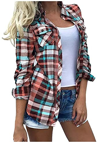 Womens Button Down Plaid Shirts Classic Western Long Sleeve Dress Work Collared Blouses Vintage Checked Tops Lightweight Casual Flannel Shackets Spring Fall Cowgirl Teen Girls Clothes