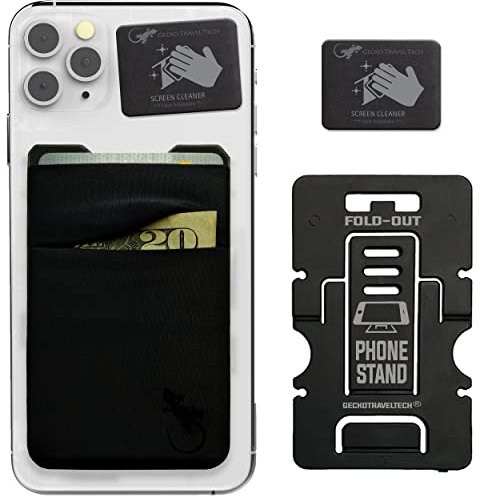 Cartera de teléfono Gecko – Soporte para teléfono – Tarjetero Adhesivo para móvil – Dos Bolsillos – Bolsillo para teléfono de Lycra – Portador de Tarjetas de crédito y Efectivo – (Negro Negro)