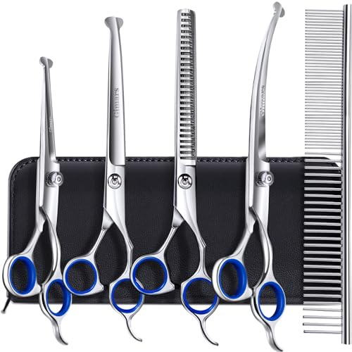 Gimars 4CR Forbici Toelettatura Cani Professionali 6 In 1 Forbici Per Cani In Acciaio Inossidabile Con Punta Tonda Di Sicurezza, Forbici Per Toelettatura Cani Con Rivestimento In Titanio Resistente