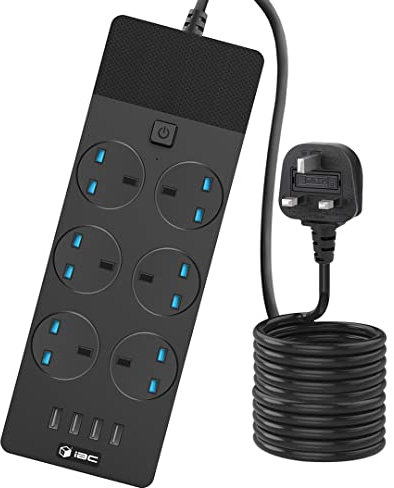 iBlockCube UK Extension Lead with 4 (2.1A) USB Slots, 6 Gang Electrical Sockets & Built-in Fuse, Surge & Shutter Protected 2M/6.5FT Wall Mount Extension Cable (Black)
