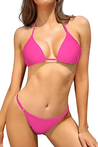 SHEKINI Damen Bikini Set Klassischer Triangel Rückenfrei Bikinioberteil Verstellbare Bademode Brasilianer Niedrige Taille Tanga Bikinihose Zweiteiliger Badeanzug(S,Fluoreszierendes Rosa)