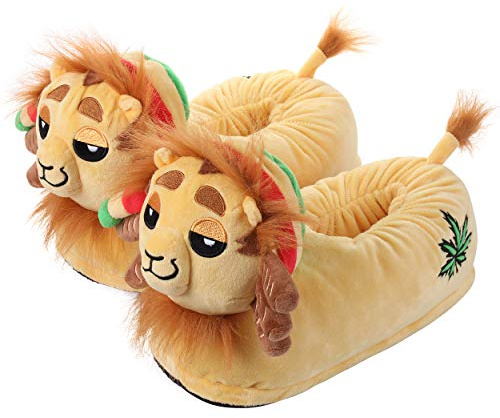 corimori – Benji der Rasta Löwe, Plüsch-Hausschuhe für Herren und Damen, EU Einheitsgröße 34-44 (Gelb-Grün-Rot)