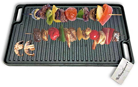 Vintage Gourmet ® Pre-Seasoned Cast Iron Reversible Griddle 46 X 26cm Plain I Ribbed, Versatile Cookware Perfect Grill Marks & Flavour, Panini, Steaks The Healthy Choice