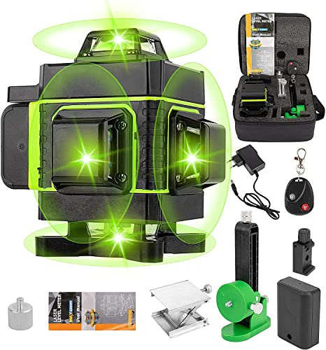 Nivel Láser Autonivelante Verde, 16 líneas 4D Nivelador Láser, Nivel láser de línea verde cruzada, Niveles láser 360 grado con control remoto,base de elevación,1 * 3000 mAh Batería Recargable