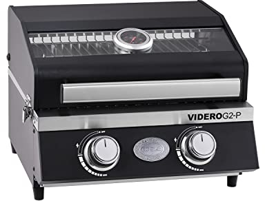 RÖSLE Barbecue à gaz portable VIDERO G2-P 30 mbar, barbecue de table avec 2 brûleurs en acier inoxydable, grille de maintien au chaud et couvercle avec insert en verre ainsi que thermomètre intégré