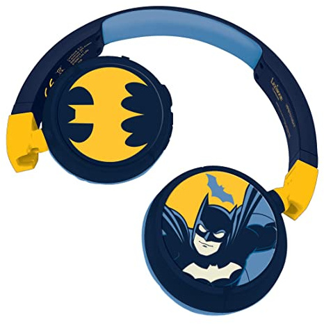 Lexibook - Warner Batman - 2-in-1 Audio-Kopfhörer mit Bluetooth und Kabel, Stereo, drahtlos, kabelgebunden, begrenzter Klang, faltbar, verstellbar, wiederaufladbarer Akku, blau/gelb, HPBT010BAT