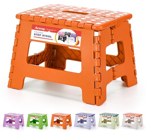 ACSTEP 23 cm fällbar stegpall 136 kg kapacitet plast hopfällbara stegpallar för barn och vuxna, hopfällbar pall lämplig för kök, trapppall med handtag orange liten stegpall 1 st