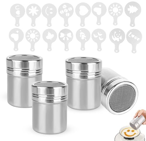 PZJFH Lot de 4 saupoudreuses en acier inoxydable avec 16 pochoirs à pression, saupoudreuse à chocolat, poudre de cacao, shaker pour chocolat, sucre, farine de cacao