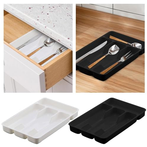 WKAYsIV Small Cutlery Tray, Drawer Organiser with 4 Compartments, Plastic Kitchen Insert, Practical Drawer Organiser for Kitchen Accessories, Utensils and Cutlery (White)
