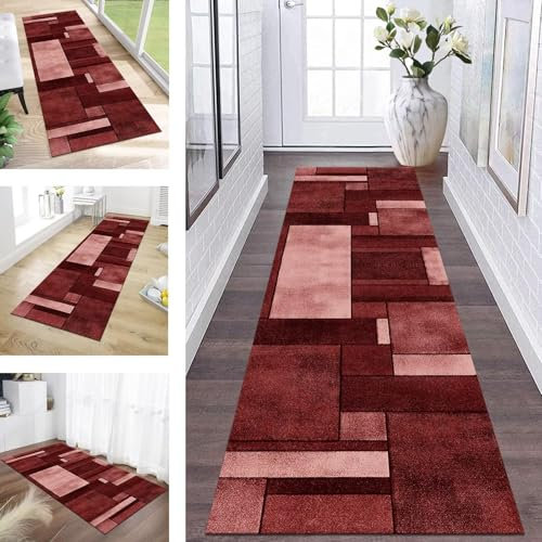 ZESEWU Teppich Läufer Flur Küche Waschbar rutschfest Korridor Teppichmatten 70X150CM Rot Geometrisch Küchenteppich Flurteppich Schlafzimmer Esszimmer Polyester Teppichläufer Meterware Anpassbar