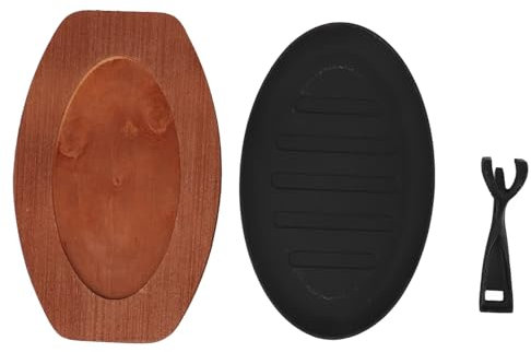 Natudeco 12-Zoll-Eisenpfanne, Bratpfanne, gebratener Fisch, Servierplatte, Grillplatte, Steak-Heiß-Servierplatte, ovale Pfanne mit Bodenplatte und Klemme für Restaurantpartys