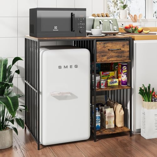 VOWNER Mini Fridge Cabinet with Power Outlet, Industrial Style 3 Tier Microwave Stand for Kitchen Kitchen Bedroom Office Classic Wood 35 L x 22