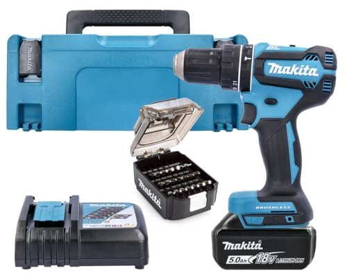 Makita DHP485TJX7 18V LXT Brushless Combi Drill with 1 x 5Ah Battery,Charger, 21 Piece Bit Set & Carry Case