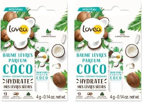 LOVEA - Baume À Lèvres - Parfum Coco - Apaise, Hydrate & Adoucit - Pour Lèvres Sèches - Enrichi Au Beurre De Karité - À Base D'Huiles D'Origine Végétale - Fabriqué En France - 4 g (Lot de 2)