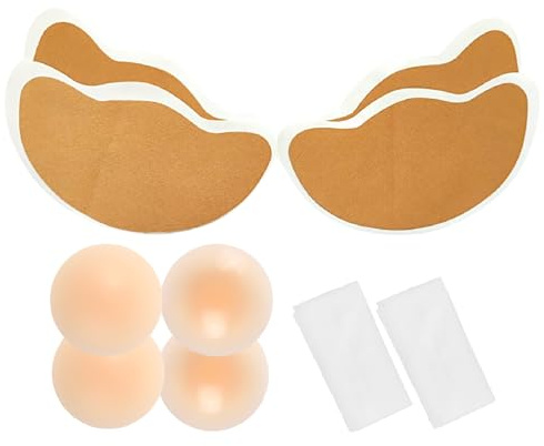 Wieysdoo 2 Paia Nastro Adesivo Seno Push Up Invisibile - Reggiseno Adesivo Seno Boob Tape Senza Cuciture e 2 Coppie Copricapezzolo - Nudo Demi-Cup Ultra-Sottile
