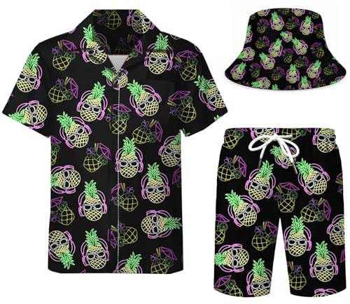 Chándal de Dos Piezas para Hombre, Divertidas Camisas Hawaianas, Pantalones Cortos y Conjuntos Rave con Sombreros de Pescador.