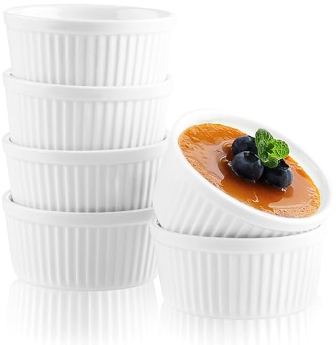 Woobroo Ramekins Set of 6, 200ML Porcelain Souffle Dish,9cm Creme Brulee Dish for Air Fryer & Oven, Mini Bowl for Dips, Sauces, Snacks and Fruits-White