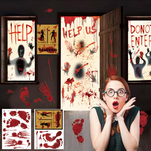 Pegatinas de Halloween para ventanas y puertas, pegatinas de halloween para ventanas con estampados sangrientos, pegatinas de pared con huellas de manos y pies sangrientos, accesorios de Halloween
