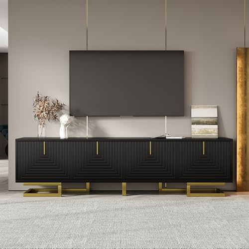 BTM TV Cabinet with Storage, Blakc TV Stand with 4 Textured Doors, Golden Handles and Golden Legs, 160x38x44.5cm