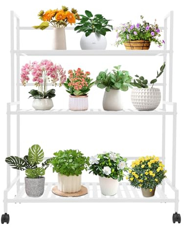 Dokiiovo Escalier à fleurs à 3 niveaux en métal à 3 étages avec roulettes - Support mobile pour plantes - Pour l'extérieur et l'intérieur - Balcon - 80 x 40 x 100 cm - Blanc