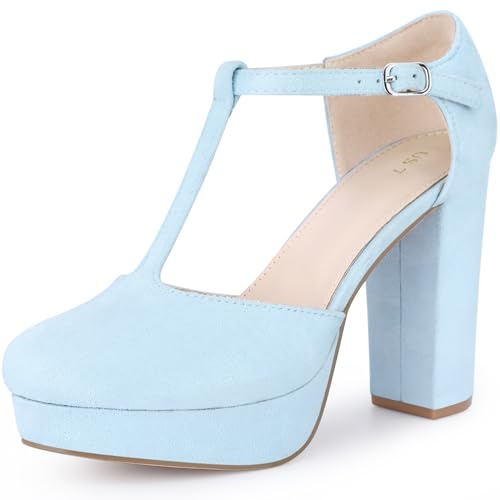 Allegra K Women's Platform Round Toe Heels T-Strap Chunky High Heel Pumps Sky Blue 5 UK/Label Size 7 US