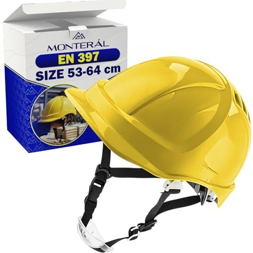Casco de Obra Homologado EN 397 Talla 53-64 cm - Casco de Seguridad Profesional Amarillo con Barboquejo y Orificios de Ventilación - Fabricado en Plástico ABS - Garantía de 10 Años - MONTERAL