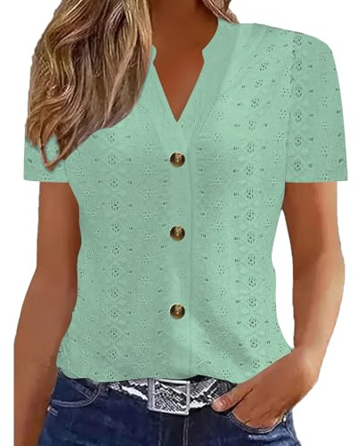 Summer Tops for Women UK - Ladies Blouses 2026 Elegant Going Out Eyelet Embroidery Short Sleeve Tops Hollow Out Casual Business Outfits Tunic Tees Breathable Button Down V-Neck T-Shirts